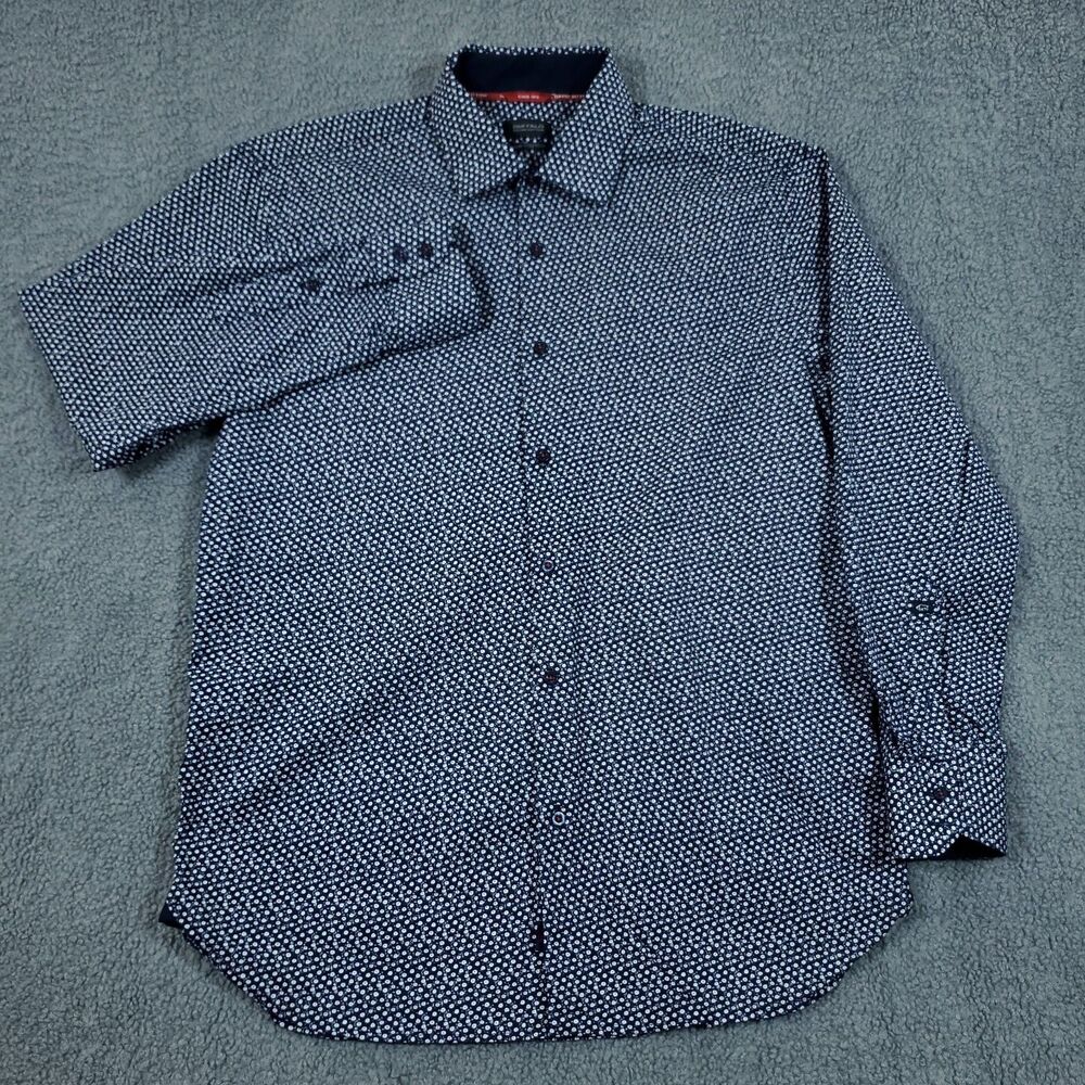 Buffalo David Bitton M 15-15.5  Slim Stretch Blue White Polka Dot Dress Shirt